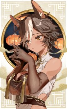 1girl absurdres animal_ears breasts brown_eyes brown_gloves brown_hair china_dress chinese_clothes closed_mouth commentary commission cropped_torso dress elbow_gloves english_commentary gloves highres horse_ears horse_girl interlocked_fingers lantern large_breasts paper_lantern roena second-party_source short_hair skeb_commission solo tomoe_umari upper_body v-dere virtual_youtuber white_dress