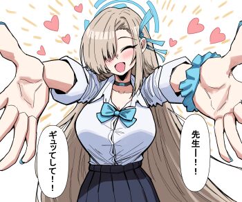 1girl absurdres aqua_bow aqua_bowtie aqua_nails aqua_scrunchie asuna_(blue_archive) asuna_(school_uniform)_(blue_archive) black_choker black_skirt blonde_hair blue_archive blue_halo blue_ribbon blush bow bowtie breasts choker cleavage closed_eyes collared_shirt commentary_request hair_over_one_eye hair_ribbon halo heart highres hug_invitation huge_breasts long_hair long_sleeves one_eye_closed open_mouth outstretched_arms pleated_skirt ribbon school_uniform scrunchie shirt simple_background skirt solo speech_bubble translated ujigi very_long_hair white_background