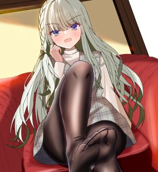 1girl absurdres black_bow black_pantyhose blue_eyes blunt_bangs blush bow braid clenched_hand commentary_request convenient_leg couch dutch_angle embarrassed eyes_visible_through_hair feet foot_out_of_frame grey_hair hair_between_eyes hair_bow hand_up highres indoors knee_up koishikawa_miku limelight_lemonade_jam long_hair long_sleeves looking_at_viewer no_shoes on_couch open_mouth pantyhose sakuratoru shirt side_braid sidelighting sitting soles solo textless_version thighs toes tsurime v-shaped_eyebrows very_long_hair wavy_mouth white_shirt