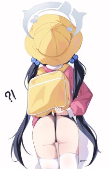 !? 1girl artist_request ass backpack bag black_hair blue_archive from_behind hair_bobbles hair_ornament halo kindergarten_uniform kisaki_(blue_archive) kisaki_(kindergarten_uniform)_(blue_archive) loli panties panty_pull simple_background solo thighhighs thighs tttlr twintails underwear wedgie white_background white_thighhighs