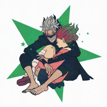 Rule 34 | 1boy, 1girl, ayase momo, barefoot, black choker, black jacket, black nails, black pants, blue skirt, brown hair, brown shoes, choker, closed eyes, closed mouth, commentary request, dandadan, earrings, facial mark, fetal position, floating hair, from side, full body, gakuran, glasses, grey hair, highres, hugging own legs, jacket, jewelry, k ysd001, kami high school uniform, knees up, long sleeves, loose socks, mask, miniskirt, mouth mask, pants, pants rolled up, pink sweater, pleated skirt, profile, school uniform, shoes, short hair, sitting, sitting between legs, skirt, socks, star (symbol), sweater, takakura ken (dandadan), takakura ken (transformed) (dandadan), transformation, white socks