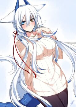 Rule 34 | 1girl, animal ears, artist name, blue eyes, blush, breasts, cowboy shot, dated, dragon horns, dragon tail, female focus, flying sweatdrops, fox ears, hair between eyes, heterochromia, horns, konshin, large breasts, long hair, no pants, orange eyes, orie hakua, pantyhose, pixiv fantasia, pixiv fantasia new world, signature, silver hair, solo, sweater, tail, very long hair, white sweater