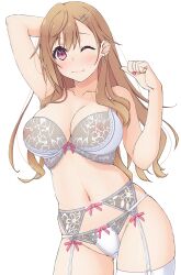 Rule 34 | 1girl, ;), arm up, blush, bow, bow bra, bow panties, bra, breasts, brown hair, closed mouth, collarbone, cowboy shot, earrings, floral print, garter belt, hand up, hinata masaki, jewelry, large breasts, long hair, looking at viewer, nail polish, navel, one eye closed, panties, pink nails, purple eyes, satou yumiko, seiyuu radio no uraomote, smile, solo, standing, thighhighs, underwear, underwear only, white bra, white garter belt, white panties, white thighhighs