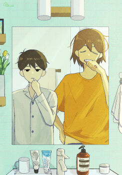 Rule 34 | 2boys, alternate costume, antenna hair, black eyes, black hair, brown hair, brushing teeth, closed mouth, collared shirt, commentary, dark-skinned male, dark skin, double-parted bangs, english commentary, hair between eyes, hibi hako, highres, holding, holding toothbrush, indoors, kel (faraway) (omori), kel (omori), long shirt, looking at mirror, looking at viewer, male focus, mirror, multiple boys, omori, open mouth, orange shirt, shirt, short hair, short sleeves, sunny (omori), t-shirt, teeth, toothbrush, white shirt