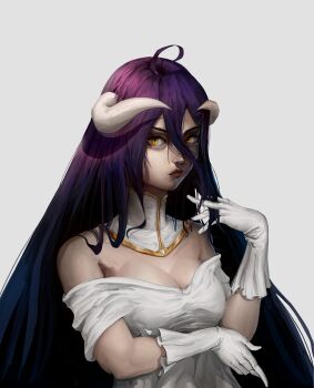 1girl absurdres albedo_(overlord) black_hair bvvbart demon_girl dress highres horns opera_gloves orange_eyes overlord_(maruyama) solo_focus white_dress