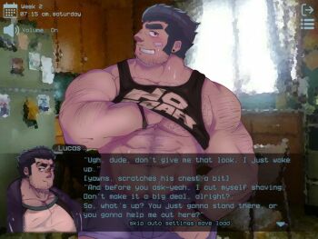 1boy bara bare_shoulders beard_stubble blush dialogue_box facial_hair fake_screenshot jacket looking_at_viewer lucas_lee male_focus muscular muscular_male non-web_source open_clothes pants scott_pilgrim_(series) scott_pilgrim_takes_off shirt short_hair simple_background smile solo stubble visual_novel