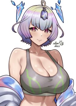 1girl absurdres ahoge artist_name bare_shoulders breasts cleavage commentary english_commentary facing_viewer fire_emblem fire_emblem_heroes gem_hair_ornament highres huge_breasts looking_to_the_side multicolored_hair nintendo rotomdocs seidr_(fire_emblem) short_hair signature smile solo upper_body white_background