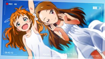 2girls :d aircraft airplane akizuki_ritchan aqua_eyes battery_indicator blush bow brown_hair closed_mouth dress hairband hand_up highres idolmaster idolmaster_(classic) long_hair looking_at_viewer minase_iori multiple_girls one_eye_closed open_mouth orange_hair pink_eyes recording ribbon smile smoke smoke_trail takatsuki_yayoi timer viewfinder white_dress