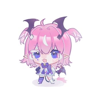 1girl :3 absurdres ahoge asymmetrical_gloves asymmetrical_legwear blush blush_stickers bow camila_(cami_2.0)_(vtuber) camila_(vtuber) chibi chibi_only colored_eyelashes commentary diamond_facial_mark diamond_hair_ornament elbow_gloves eyelashes facial_mark fang full_body gloves hands_on_own_hips head_wings heart heart_facial_mark highres indie_virtual_youtuber mismatched_eyelashes mismatched_gloves mismatched_legwear multicolored_hair open_mouth outline pink_hair pointy_ears purple_bow purple_eyes simple_background single_wing skin_fang smile solo standing streaked_hair symbol-only_commentary tail two_side_up virtual_youtuber white_background white_hair white_outline wings yuke_10018