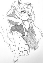 Rule 34 | blush, breasts, cheerleader, crop top, goddess of victory: nikke, greyscale, haerangi, holding, implied sex, long hair, monochrome, official alternate costume, poli (cheer up police) (nikke), poli (nikke), short twintails, sidelocks, sketch, skirt, small breasts, sports bra, suspended congress, sweatdrop, traditional media, twintails, very long hair, wavy hair