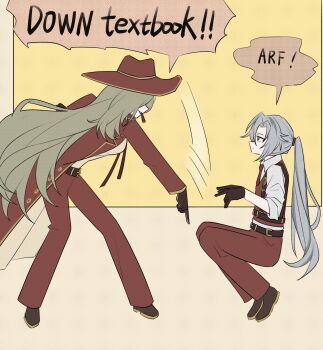 1boy 1girl belt black_gloves black_shoes blonde_hair cigar collared_shirt down_boy!!_(meme) english_text formal_clothes from_side gloves hat highres kneeling limbus_company long_hair lucio_(project_moon) meme millaligusticum necktie pointing pointing_down ponytail project_moon red_hat red_necktie red_suit red_vest shirt shoes speech_bubble suit valencina_(project_moon) vest white_hair white_shirt