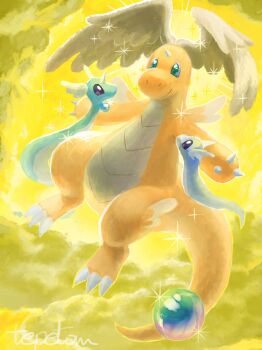 claws closed_mouth cloud dragon dragonair dragonite dratini evolutionary_line feathered_wings flying full_body gen_1_pokemon green_eyes head_wings highres horns mega_dragonite mega_pokemon nintendo no_humans pokemon pokemon_(creature) pokemon_focus single_horn sky smile tail tepetom_(77hhaarruu) wings