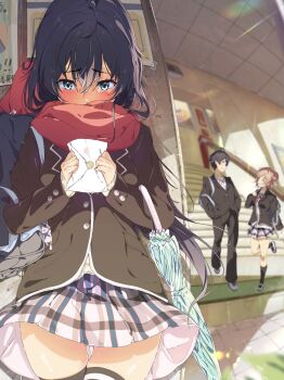 1boy 2girls bag black_hair black_jacket black_pants black_thighhighs blazer blue_eyes blush ceiling closed_umbrella commentary cowboy_shot fisheye full_body gluteal_fold hair_between_eyes hair_bun hiding highres hikigaya_hachiman holding holding_letter indoors jacket lens_flare letter long_hair long_sleeves looking_at_another looking_at_viewer miniskirt multiple_girls nazonaji pants pink_hair plaid_clothes plaid_skirt school_bag school_uniform short_hair single_hair_bun single_side_bun skirt smile sobu_high_school_uniform stairs standing standing_on_one_leg thigh_gap thighhighs tile_ceiling tile_floor tiles umbrella winter_uniform yahari_ore_no_seishun_lovecome_wa_machigatteiru. yuigahama_yui yukinoshita_yukino zettai_ryouiki