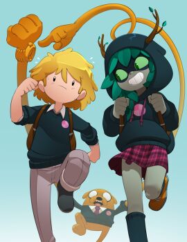 Rule 34 | 1boy, 1girl, adventure time, alternate universe, antlers, backpack, bag, black hoodie, black shoes, black sweater, bleedman, blonde hair, colored sclera, colored skin, commentary, english commentary, extendable limbs, finn the human, flying sweatdrops, green eyes, green hair, green sclera, grey skin, grin, highres, hood, hooded sweater, hoodie, horns, huntress wizard, jake the dog, miniskirt, necktie, orange shoes, plaid clothes, plaid skirt, pointing, purple necktie, purple skirt, school uniform, shoes, skirt, smile, sweater, watch, wristwatch
