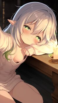 1girl absurdres arm_rest bare_legs breasts candle cleavage commentary genshin_impact highres knit_sweater light_blush light_smile loli low_neckline nahida_(genshin_impact) paid_reward_available reaching reaching_towards_viewer resting small_breasts solo symbol-shaped_pupils tkkk_0220 translation_request