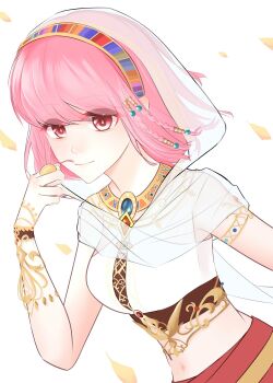 1girl armlet autumn_leaves beads between_fingers blue_gemstone braid breasts chest_jewel cloak coin commentary_request cowboy_shot crop_top falling_leaves floating_hair gem gold_armlet gold_coin gold_necklace hair_beads hair_ornament hair_tubes hairband happy highres holding holding_coin hood hood_up hooded_cloak huli4196 infinity_nikki jewelry leaf medium_breasts midriff multicolored_hairband navel necklace nikki_(nikki) nikki_(series) pink_hair purifying_wind_(infinity_nikki) red_skirt see-through_cloak see-through_clothes shirt short_hair side_braids simple_background skirt sleeveless sleeveless_shirt solo standing twin_braids white_background white_cloak white_shirt