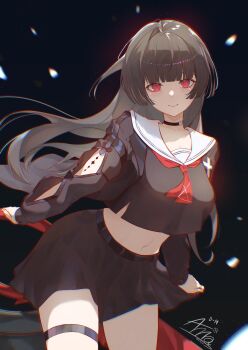 1girl absurdres annasui_factory arm_cutout artistic_error bad_id bad_pixiv_id black_choker black_hair black_jacket black_serafuku black_skirt blunt_bangs breasts chisa_(wuthering_waves) choker chromatic_aberration closed_mouth clothing_cutout commentary crop_top english_commentary highres jacket long_hair long_sleeves looking_at_viewer medium_breasts navel neckerchief red_eyes red_neckerchief sailor_collar school_uniform serafuku signature skirt solo stomach thigh_strap thighs white_sailor_collar wuthering_waves