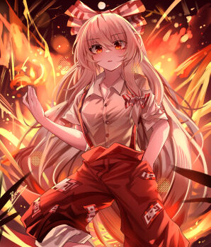 1girl absurdres bow collared_shirt commentary english_commentary fire fujiwara_no_mokou grey_hair hair_bow hand_in_pocket highres long_hair looking_at_viewer ofuda ofuda_on_clothes open_mouth pants pyrokinesis red_eyes red_pants shirt short_sleeves signature solo suspenders top-exerou touhou very_long_hair white_shirt