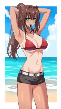 1girl aozaki_aoko armpits arms_behind_head beach bikini black_shorts blue_eyes blue_sky breasts brown_eyes cleavage cloud commentary_request day feet_out_of_frame hair_intakes highres horizon large_breasts mahou_tsukai_no_yoru micro_shorts mouth_hold ocean one-piece_tan outdoors ponytail red_bikini short_shorts shorts sky solo swimsuit tan tanline weilaizuigao703