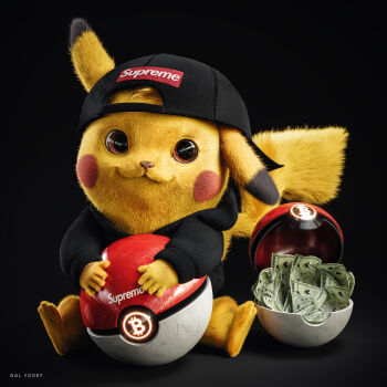 3d backwards_hat bitcoin black_background black_hat closed_mouth clothed_pokemon commentary cryptocurrency english_commentary fur galyosef gen_1_pokemon hat highres looking_at_viewer money nintendo orange_eyes pikachu poke_ball pokemon pokemon_(creature) realistic simple_background single_ear_down sitting solo supreme_(brand) tagme yellow_fur