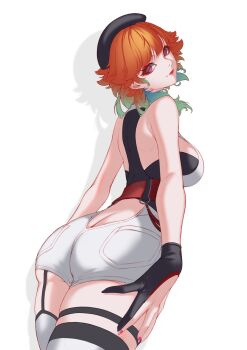 1girl absurdres alternate_hairstyle artist_glove ass bare_shoulders beret breasts butt_crack cosplay earrings feather_earrings feathers from_behind from_below gloves gradient_hair green_hair hat highres hololive hololive_english jewelry large_breasts looking_at_viewer looking_back multicolored_hair oakproud orange_hair partially_fingerless_gloves purple_eyes raora_panthera raora_panthera_(1st_costume) raora_panthera_(cosplay) short_hair simple_background skindentation solo takanashi_kiara virtual_youtuber white_background