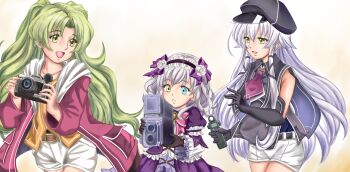 Rule 34 | 3girls, altina orion, braid, camera, crown braid, dress, eiyuu densetsu, falcom, gothic lolita, green hair, hair between eyes, hair ornament, hairband, hairclip, highres, holding, holding camera, kea (eiyuu densetsu), kea (sept terrion of zero), lapis rosenberg, lolita fashion, lolita hairband, long hair, multiple girls, purple dress, sen no kiseki (series), white hair, you george24