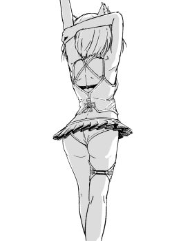 1girl animal_ear_fluff animal_ears ass cat_ears cat_girl chin_bell commentary_request cross-body_stretch from_behind greyscale highres kneepits median_furrow miniskirt mio_(xenoblade) monochrome official_alternate_costume pleated_skirt simple_background skirt solo standing white_background xenoblade_chronicles_(series) xenoblade_chronicles_3