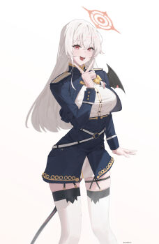 1girl absurdres ai-bon blue_archive blue_jacket blue_skirt blush breasts demon_tail demon_wings hair_between_eyes halo haruna_(blue_archive) hashtag-only_commentary highres jacket large_breasts long_hair looking_at_viewer open_mouth red_eyes red_halo shirt single_wing skirt smile solo tail thighhighs v white_hair white_shirt white_thighhighs wings