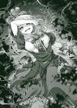 0-den 1girl absurdres afloat aura blunt_bangs bow breasts commentary_request dark_aura dress evil_smile frilled_bow frilled_ribbon frills front_ponytail hair_bow hair_ribbon highres kagiyama_hina long_hair looking_at_viewer monochrome open_mouth puffy_short_sleeves puffy_sleeves ribbon short_sleeves smile solo touhou water wrist_ribbon