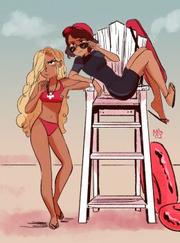 Rule 34 | 2girls, anklet, beach, bikini, black wetsuit, blonde hair, bodysuit, breasts, chair, commentary, dark-skinned female, dark skin, diving suit, english commentary, full body, holding, holding whistle, jewelry, lifeguard, lifeguard chair, long hair, looking at viewer, medium breasts, multiple girls, myraross, navel, original, outdoors, red bikini, sandals, sitting, standing, swimsuit, wetsuit, whistle, whistle around neck, yuri