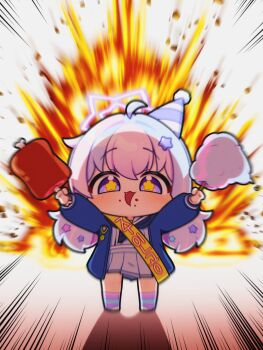 1girl ahoge birthday black_neckerchief blue_archive bone boned_meat chibi chibi_only commentary_request cotton_candy eating emphasis_lines explosion food food_on_face grey_serafuku grey_skirt hair_ornament halo hat highres holding holding_cotton_candy holding_food jacket long_hair long_sleeves meat multicolored_hair neckerchief open_mouth pantyhose party_hat pink_hair pink_halo purple_eyes purple_hair reisa_(blue_archive) sailor_collar school_uniform serafuku skirt smile socks solo star_(symbol) star_hair_ornament star_halo striped_clothes striped_pantyhose striped_socks translation_request twintails two-tone_hair tyjang white_sailor_collar