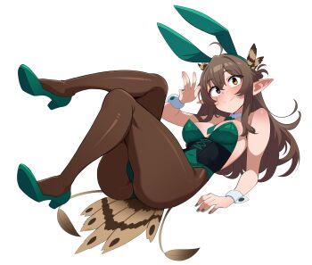 1girl absurdres bird_tail black_corset black_eyes black_pantyhose breasts brown_eyes brown_hair cameltoe closed_mouth collar commission corset covered_navel detached_collar double-parted_bangs full_body green_leotard green_nails green_necktie green_shoes hand_rest hand_up heterochromia highres indie_virtual_youtuber kumi_(vtuber) leotard long_hair maidcousin medium_breasts necktie pantyhose playboy_bunny pointy_ears reclining scar scar_across_eye scar_on_face second-party_source see-through_pantyhose shoes short_necktie simple_background smile solo strapless strapless_leotard tachi-e tail transparent_background white_collar wing_collar