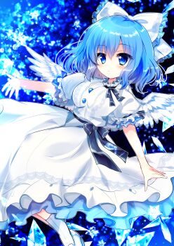 Rule 34 | absurdres, black ribbon, blue background, blue eyes, blue hair, blue shoes, bow, buttons, chisen maimai, commentary, crystal, dress, english commentary, expressionless, feathered wings, floating, frilled bow, frilled dress, frills, full body, hair bow, highres, long dress, mai (touhou), outline, outstretched hand, puffy short sleeves, puffy sleeves, ribbon, shoes, short hair, short sleeves, socks, star (symbol), touhou, touhou (pc-98), waist ribbon, white bow, white dress, white outline, white sleeves, white socks, white wings, wings