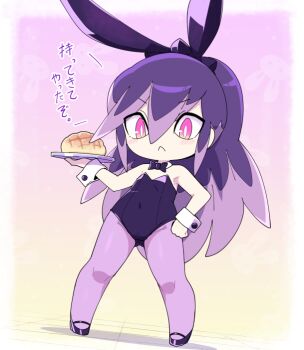 1girl animal_ears blush bow bowtie bright_pupils closed_mouth commentary_request covered_navel detached_collar dutch_angle fake_animal_ears frown hand_on_own_hip high_ponytail holding holding_tray hyakkihime leotard long_hair looking_at_viewer multicolored_hair nollety pantyhose pink_eyes playboy_bunny ponytail purple_hair purple_leotard purple_pantyhose rabbit_ears solo standing strapless strapless_leotard translation_request tray two-tone_hair white_pupils wrist_cuffs youkai_(youkai_watch) youkai_watch