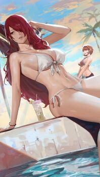 2girls absurdres arm_up bikini blue_sky bracelet breasts brown_hair cleavage cloud cup drinking_glass drinking_straw eyewear_on_head female_focus hair_over_one_eye highres ice j@ck jewelry kirijou_mitsuru large_breasts long_hair matching_hair/eyes multiple_girls navel parted_lips persona persona_3 red_eyes red_hair short_hair side-tie_bikini_bottom sitting sky stomach swimsuit takeba_yukari tree underboob white_bikini