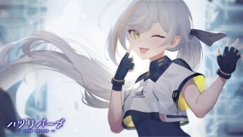 1girl :p akanbe animal_print black_bodysuit black_gloves bodysuit bodysuit_under_clothes cat_print copyright_name eyelid_pull finger_to_eye fingerless_gloves game_cg gloves grey_hair haze/reverb highres index_finger_raised long_hair looking_at_viewer multicolored_hair official_art open_mouth ponytail shirt short_sleeves sidelocks solo spes_(haze/reverb) streaked_hair tongue tongue_out white_shirt yellow_eyes