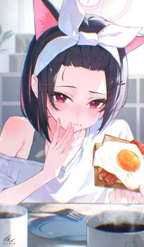 1girl alternate_costume animal_ears bacon bare_shoulders black_hair blue_archive bread bread_slice breakfast cat_ears cat_girl coffee_mug colored_inner_hair commentary_request cup eating egg_yolk extra_ears food fork fried_egg fried_egg_on_toast halo highres holding holding_food kazusa_(blue_archive) looking_at_viewer mug multicolored_hair nekomochi pink_hair plate short_hair solo steaming_cup toast two-tone_hair