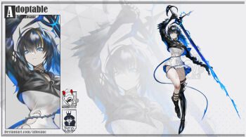 1girl adoptable allosauc arm_over_head artist_name asymmetrical_footwear black_footwear black_gloves black_hair black_jacket black_sleeves blonde_hair blue_dress blue_eyes blue_fire blue_hair blue_horns blue_tail boots breasts reference_sheet closed_mouth clothing_cutout colored_inner_hair cowboy_shot cropped_jacket demon_horns demon_tail deviantart_username dress english_text eyelashes fire flaming_sword flaming_weapon frown full_body gloves gradient_background hair_between_eyes high_heel_boots high_heels holding holding_sword holding_weapon horns huge_weapon jacket knee_boots knees large_breasts long_hair long_sleeves looking_at_viewer multicolored_hair multiple_views original pale_skin pointy_ears polka_dot polka_dot_background projected_inset short_dress side_cutout simple_background single_knee_boot streaked_hair sword tail triangle_background two-sided_dress two-sided_fabric watermark weapon white_background white_dress