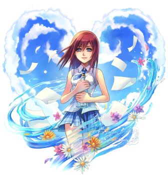 1girl artist_name blue_eyes blue_necktie blue_skirt bottle closed_mouth cloud commentary english_commentary floating_hair flower glass_bottle hair_between_eyes highres holding holding_bottle hollypolllyy kairi_(kingdom_hearts) kingdom_hearts kingdom_hearts_ii lips long_hair necktie nomura_tetsuya_(style) official_alternate_costume paper pink_flower plaid_clothes plaid_skirt pleated_skirt red_hair school_uniform shirt skirt sleeveless sleeveless_shirt smile solo water white_flower white_shirt yellow_flower