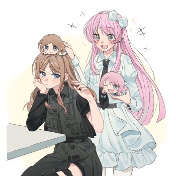 Rule 34 | +++, 2girls, artist request, asymmetrical sleeves, bang dream!, bang dream! it's mygo!!!!!, belt, black belt, black necktie, black shirt, black thighhighs, black vest, blue eyes, blush, brown hair, character doll, chihaya anon, closed mouth, commentary, cosplay, doll, dress, ebizuka tomo, ebizuka tomo (cosplay), fang, girls band cry, grey eyes, head rest, highres, instrument connection, long hair, long sleeves, multiple girls, necktie, open mouth, pink hair, rupa (girls band cry), rupa (girls band cry) (cosplay), second-party source, shirt, short sleeves, sidelocks, sparkle, thigh strap, thighhighs, vest, white dress