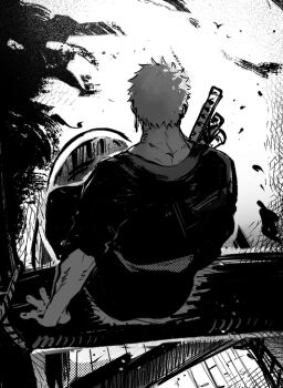 1boy back earrings greyscale hashtag-only_commentary holding holding_sword holding_weapon japanese_clothes jewelry kimono male_focus monochrome mrjieshisu one_piece roronoa_zoro sash short_hair sitting solo sword weapon