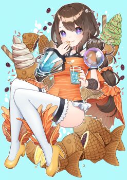1girl aona_(noraneko) asymmetrical_sleeves blue_background blue_eyes breasts brown_hair caustics covered_navel cup custard double-parted_bangs drink drinking_glass drinking_straw food full_body hair_between_eyes hair_ornament hair_scrunchie halterneck hand_to_own_mouth high_heels highres hip_bones holding holding_cup ice ice_cream ice_cube invisible_chair knees_together_feet_apart leotard long_hair long_sleeves low_twintails medium_breasts multi-tied_hair orange_leotard orange_nails orange_scrunchie original pink_pupils red_bean red_bean_paste scrunchie shoes short_sleeves sidelocks sitting smile soft_serve solo sprinkles star-shaped_pupils star_(symbol) symbol-shaped_pupils taiyaki thighhighs twintails uneven_sleeves very_long_hair wafer_stick wagashi white_thighhighs winged_footwear wristband yellow_shoes