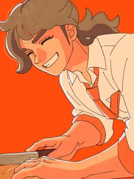 1boy arven_(pokemon) closed_eyes collared_shirt commentary_request cutting_board enu_atsnc eyelashes grin highres holding holding_knife kitchen_knife knife leaning_forward long_hair male_focus multicolored_hair naranja_academy_school_uniform nintendo open_collar pokemon pokemon_sv red_background school_uniform shirt sideburns simple_background smile solo teeth upper_body white_shirt wing_collar