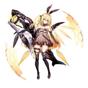 1girl black_gloves black_thighhighs blonde_hair blue_eyes blush breasts closed_mouth dress elbow_gloves female_focus frilled_thigh_strap full_body gloves highres loli long_hair looking_at_viewer maebari navel nipple_bow nipples non-humanoid_robot one_side_up orca original q_azieru revealing_clothes robot robot_animal see-through_clothes see-through_dress simple_background small_breasts solo thigh_strap thighhighs transparent_background