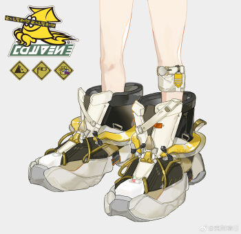 1other ambiguous_gender chinese_commentary commentary_request grey_background highres logo nintendo shoes sign simple_background single_ankle_cuff single_bare_leg sneakers solo splatoon_(series) squid warning_sign watermark weibo_watermark white_shoes yize_qingri