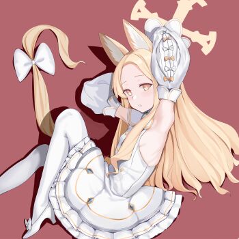 1girl absurdres animal_ears arm_behind_head arms_up bare_shoulders blonde_hair blue_archive bow buttons commentary curled_up detached_sleeves double-breasted dress expressionless foot_out_of_frame forehead fox_ears fox_tail frilled_dress frills from_side halo high_heels highres hoshiya_takahito long_hair looking_at_viewer looking_to_the_side lying on_side pantyhose parted_lips red_background sailor_collar school_uniform seia_(blue_archive) shadow shoes simple_background solo tail tail_bow tail_ornament white_bow white_dress white_pantyhose white_sailor_collar white_shoes yellow_eyes yellow_halo