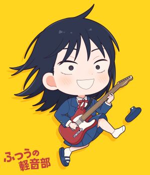 1girl :d ahoge black_eyes black_hair blazer blue_jacket blue_sandals blue_skirt blush chibi chibi_only collared_shirt commentary_request copyright_name electric_guitar fender_telecaster fretless_guitar fretless_instrument full_body futsuu_no_keion-bu guitar hatono_chihiro highres holding holding_guitar holding_instrument instrument jacket lapels long_sleeves neck_ribbon notched_lapels open_mouth red_ribbon ribbon sandals school_uniform shirt simple_background skirt slides smile socks solo takamine_yotsuha white_shirt white_socks winter_uniform yellow_background