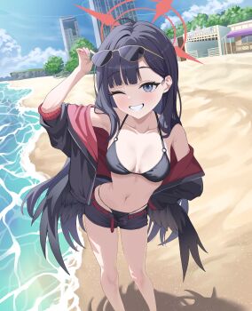 1girl absurdres beach belt bikini bikini_bottom_under_shorts bikini_under_clothes black_bikini black_hair black_jacket black_wings blue_archive eyewear_on_head feathered_wings halo highres ichika_(blue_archive) ichika_(swimsuit)_(blue_archive) jacket long_hair looking_at_viewer low_wings navel o-ring o-ring_bikini o-ring_top open_clothes open_fly open_jacket open_shorts outdoors red_belt red_halo shiitakee_(pixiv_123910785) shorts smile solo sunglasses swimsuit unusually_open_eyes wings