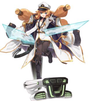 1girl aqua_eyes artist_request black_boots black_shirt blonde_hair blunt_bangs boots breast_pocket buttons center_opening collar collarbone collared_coat collared_shirt collared_uniform double-breasted double_horizontal_stripe epaulettes facial_mark final_gear floating floating_object full_body gloves hair_tubes hat hexagon horizontal-striped_sleeves jewelry knee_boots krista_(final_gear) leg_up locket long_hair long_sleeves low-tied_long_hair military_uniform necklace no_pants official_art open_mouth outstretched_arm outstretched_hand pantyhose peaked_cap pendant pocket screen shirt simple_background solo tachi-e third-party_source undershirt white_background white_collar white_gloves white_hat white_sleeves white_uniform