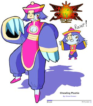 1girl :3 absurdres black_outline blue_skin blush_stickers breasts chewchewer chibi chibi_inset chinese_clothes claws cleavage cleavage_cutout clothing_cutout colored_skin commentary copyright_name darkstalkers english_commentary english_text hat highres hsien-ko jaggy_lines jiangshi microsoft_paint_(medium) open_mouth orange_eyes outline pink_hat pink_sandals purple_hair sandals shadow short_hair simple_background sleeves_past_fingers sleeves_past_wrists thick_outlines white_background wide_sleeves